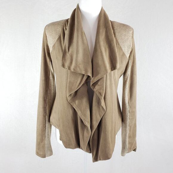 Aryn K Blazer Women S Tan & Cream Microfiber Waterfall Front Jacket Color Block - Picture 2 of 7